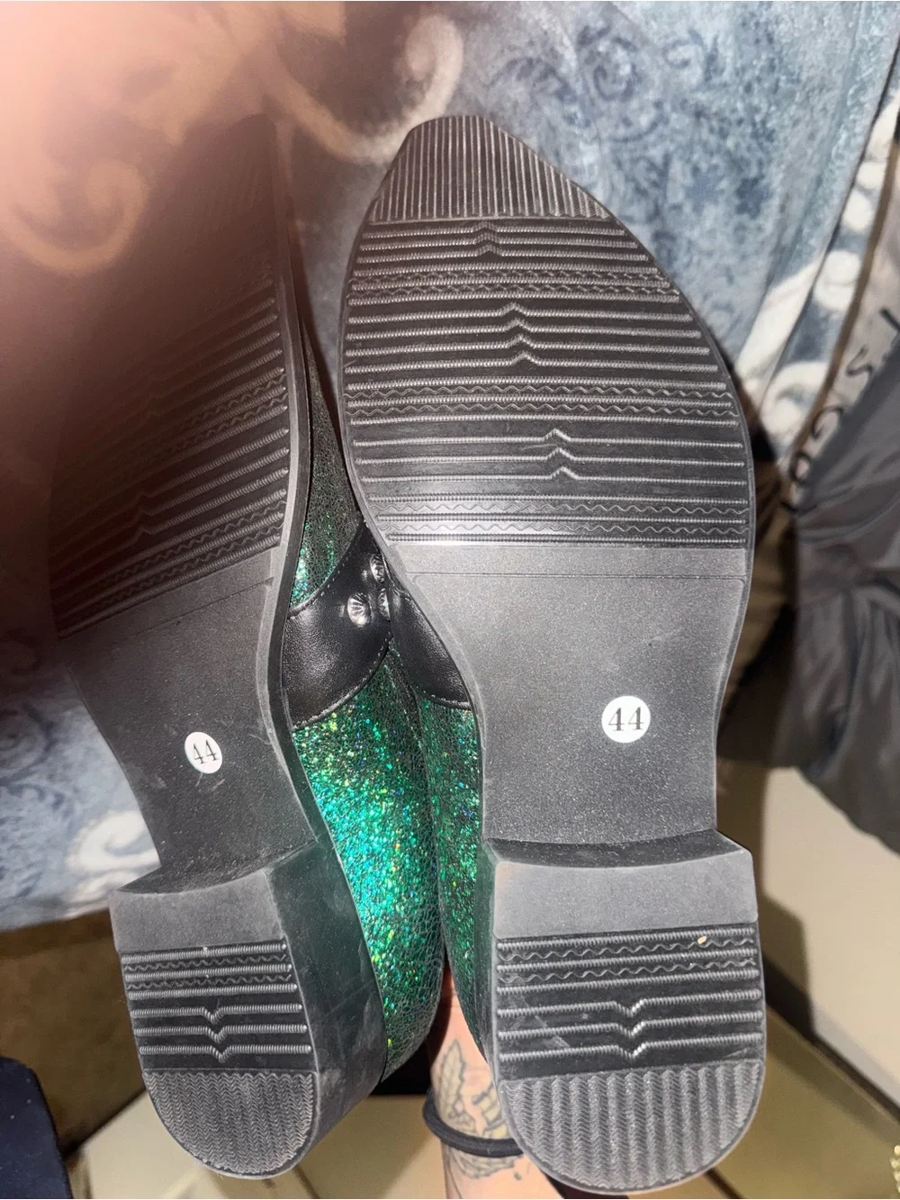 Men's Emerald Green Glitter Slip-On Loafers with Ornate Buckle